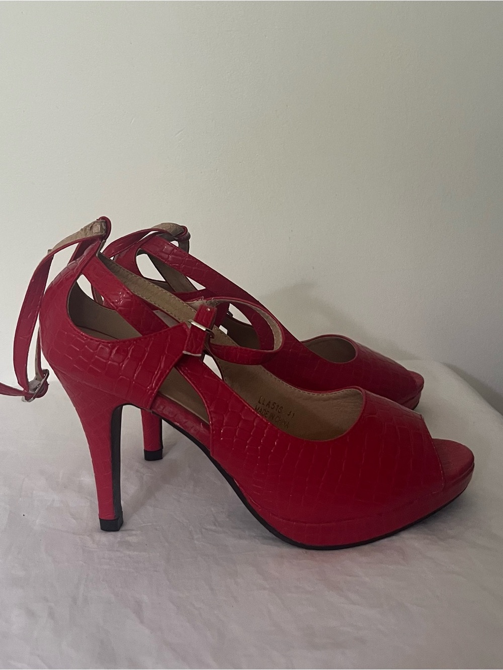 Red Faux-Croc Peep-Toe Ankle Strap Heels - Picture 6 of 6